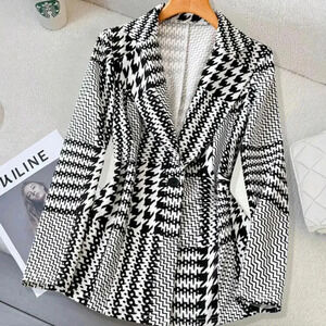 Elegant Houndstooth Long Sleeve Fitted Blazer For Women